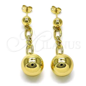 Oro Laminado Long Earring, Gold Filled Style Ball Design, Polished,