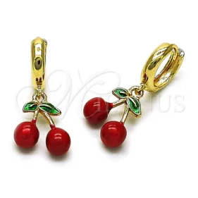 Oro Laminado Dangle Earring, Gold Filled Style Cherry Design, Red Enamel Finish, Golden Finish, 02.284.0051 #12