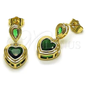 Oro Laminado Dangle Earring, Gold Filled Style Heart and Teardrop Design, with Green Cubic Zirconia, Polished, Golden Finish, 02.196.0236 #13