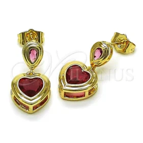 Oro Laminado Dangle Earring, Gold Filled Style Heart and Teardrop Design, with Ruby Cubic Zirconia, Polished, Golden Finish, 02.196.0236.1 #14