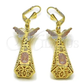 Oro Laminado Long Earring, Gold Filled Style Guadalupe and Butterfly Design, Polished, Tricolor, 02.331.0066 #15