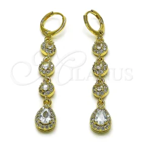 Oro Laminado Long Earring, Gold Filled Style Teardrop and Cluster Design, with White Cubic Zirconia, Polished, Golden Finish, 02.323.0111 SKU: 162841 #16