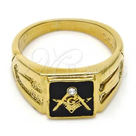 Oro Laminado Mens Ring, Gold Filled Style with White Crystal, Black Enamel Finish, Golden Finish, 01.185.0012.12 (Size 12) SKU: 107374 #5