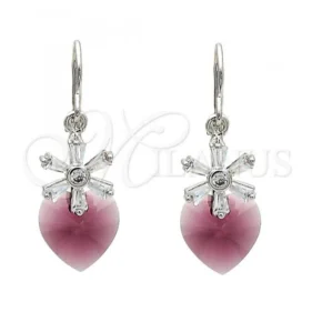 Rhodium Plated Dangle Earring, Heart and Flower Design, with Amethyst Swarovski Crystals and White Micro Pave, Polished, Rhodium Finish, 02.63.2579.1 SKU: 112493 #1